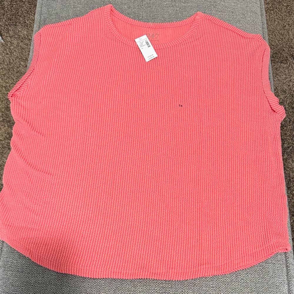 Vibrant Coral Ribbed Short Sleeve Top